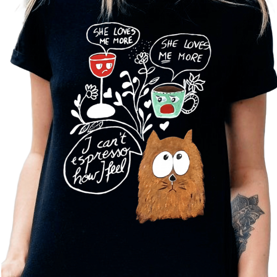 Tricou pictat manual Pisica Espresso